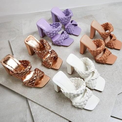 Perfect Mules Shoes Women Sexy Cross-criss Leather Slippers Square Toe High Heel slippers women Summer Celebrity Shoes