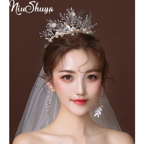 NiuShuya Silver Color Pearl Hairbands Wedding Hair Accessories Handmade Rhinestone Leaf Hair Jewelry Women Bridal Hair Ornament