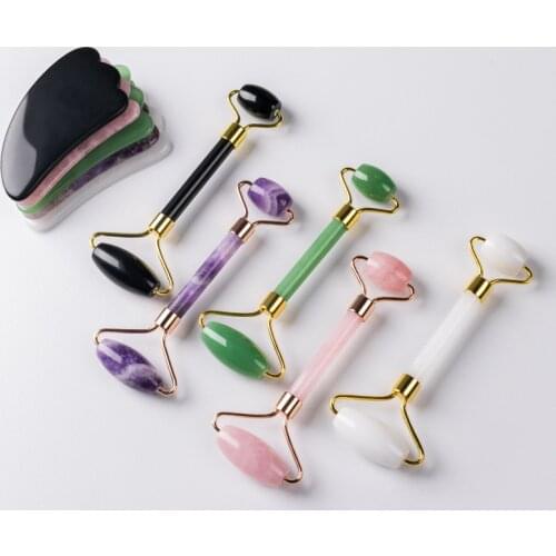 New Rose Quartz Jade Roller Face Slimming Massager Face Lifting Natural Jade Stone Facial Massage Roller Skin Care Beauty Set