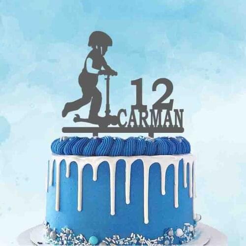 Personalized Scooter Cake Topper Custom Name Age Cute Boy Playing Scooter Topper For Kids Birthday Party Cake Decoration