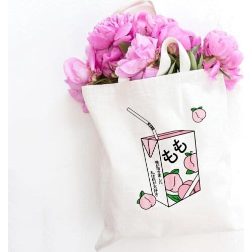 Casual Bags Students' Book Bag Harajuku Ulzzang Peach Juice Japanses Print Canvas Large Shoulder Bag Vintage Fun