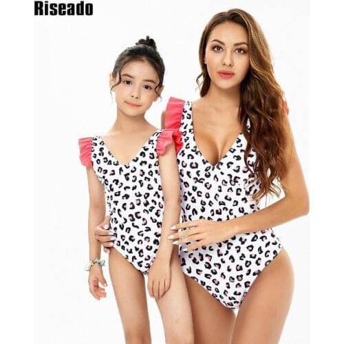 Riseado Sexy V-neck One Piece Swimsuit Ruffle Swimwear Women U-back Bathing Suit Parent-child Beachwear Mother & Daughter Suits