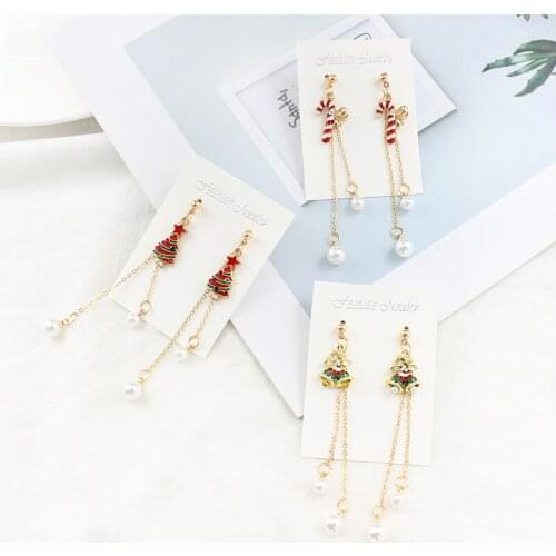Christmas Gift Ladys Earrings Jewelry christmas tree Small bell Candy cane Long chain Tassels Ear Studs Imitation Pearl Eardrop