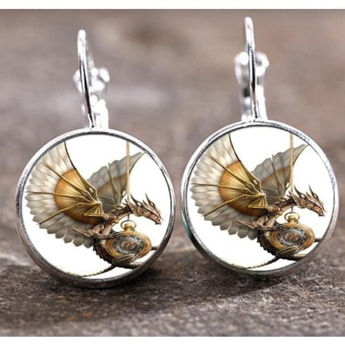 2 pcs/1pair 2019 New Steampunk Dragon Dangle Earring Vintage Earring Glass Dome Hand Craft Jewelry 18 MM Lever Back Earrings