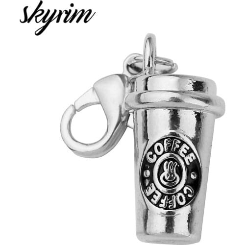 Skyrim DIY 3D Coffee Cup Slide Charm Jewelry Making Baroque Lobster Clasp Enameled High Polished Rhodium Plated Pendant