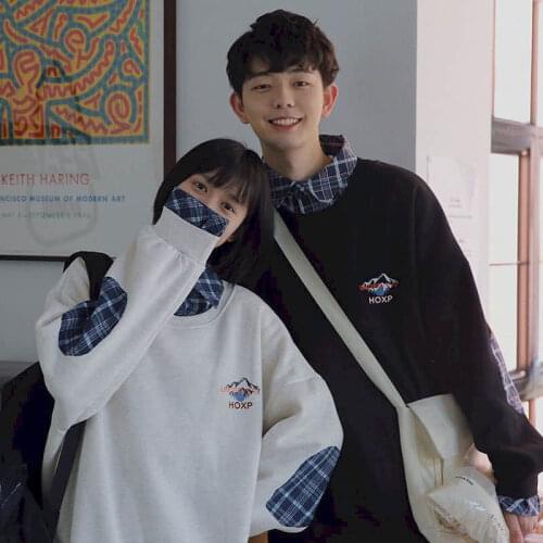 Preppy Style couple Sweatshirt mens spring autumn stitching fake two-piece polo collar loose jacket design sense lattice Hoodie