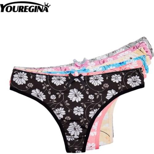 YOUREGINA Sexy G-String Thong Women Underwear Cotton Floral Print Panties Ladies Lingerie Intimates Bowknot 6pcs/lot M L XL