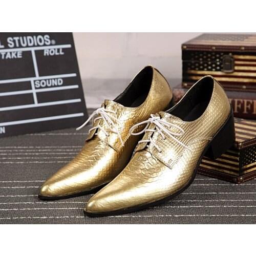 Golden silver luxury mens wedding dress shoes men pointed toe high heel design career work shoes man Photo studio T stage shoes