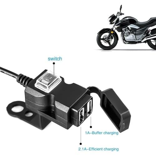 Universal 2.1A/1A Dual USB Port Motorcycle Handlebar Charger Adapter Waterproof Power Supply Socket for Phone Mobile Motorbike