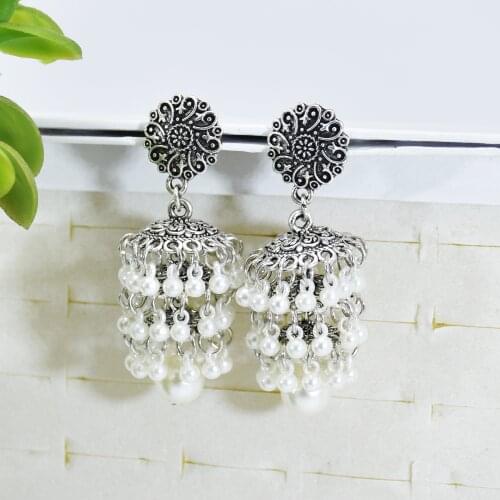 Retro Bollywood Oxidized Silver Color Earrings for Women Ethnic Afghan Pearl Bells Tassel Jhumka Indian Earring Wedding Jewelry