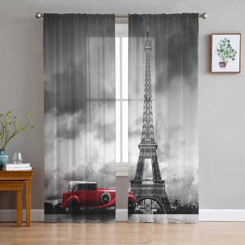 Paris Eiffel Tower With Red Car Window Curtains Bedroom Modern Drape Sheer Tulle Valances Living Room Kitchen Voile Curtain