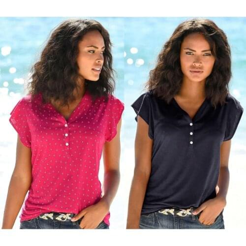 Casual Button V-Neck Short Sleeve Tee Shirt Tops Women Summer T-shirt Elegant Printed T shirt Tops Female D190709