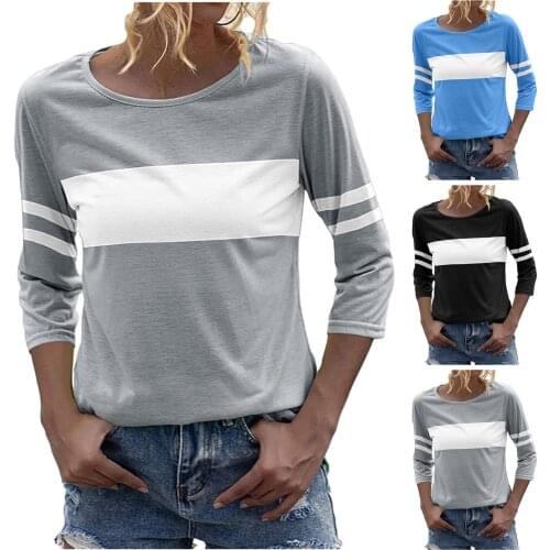Women Three Quarter Sleeve Stripe Color Printing Round Neck T-shirt Casual All-match Lovely Blouse Top T-shirt