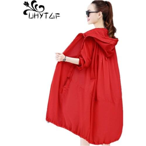 UHYTGF Oversized Thin Sunscreen Clothing Women Mid-Length Hooded Breathable Ice Silk Summer Jacket Anti-UV Wild Female Coat 1632