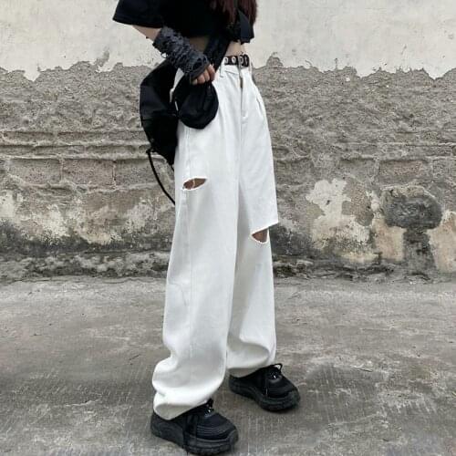 Womens Ripped Jeans Summer New Vintage Straight Baggy High Waist Streetwear Pants Femme Wide Leg Jeans White Mom Denim Trouser