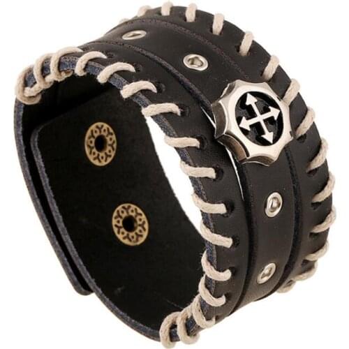 Fashion Casual Cross Jewelry Women Men Biker Bangle Punk Alloy Charms Wide Leather Bracelet Cuff Retro Vintage Hippie Wristbands