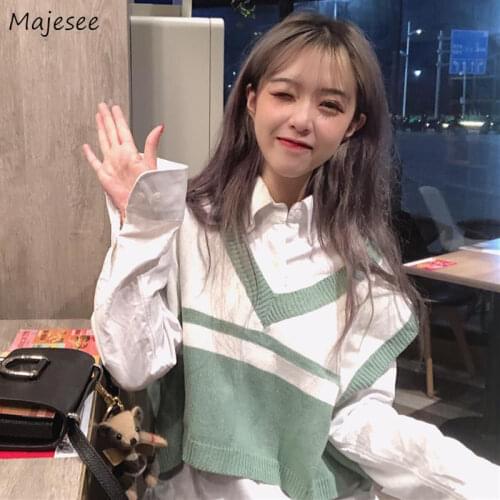 Sweater Vest Women Autumn Short Style Casual V-Neck Sleeveless Patchwork Jumper Loose All-match Femme Students Harajuku Vintage