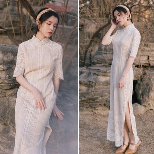 Young Elegant Cheongsam Women Summer 2021 Chinese Style cheongsam Turtleneck Hollow Lace Slim Maxi Dress Female Vestido Retro