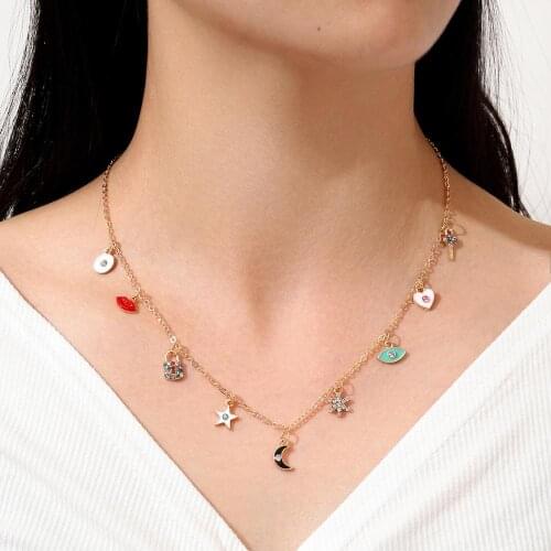 Fashion Necklace For Women Demon Eye Key Lock Europe and America Lips Moon Snowflake Love Star Clavicle Chain Evil Eye Necklaces