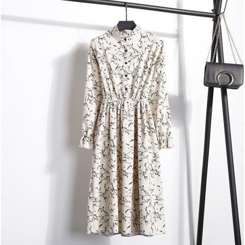 Flower Plaid Printed Corduroy Vintage Dress Women Stand Neck Buttons Long Sleeve Elastic Waist Fall Winter Casual A Line Dresses