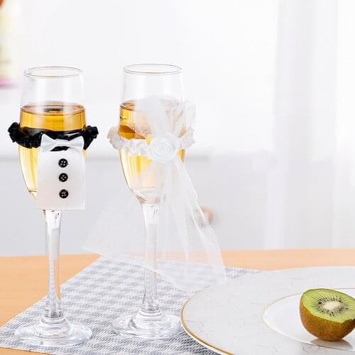 2PCS Cup Decor Bride Groom Tux Bridal Veil Wedding Party Holiday Toasting Wine Glasses Cup Decor Supplies Accessories Gadgets
