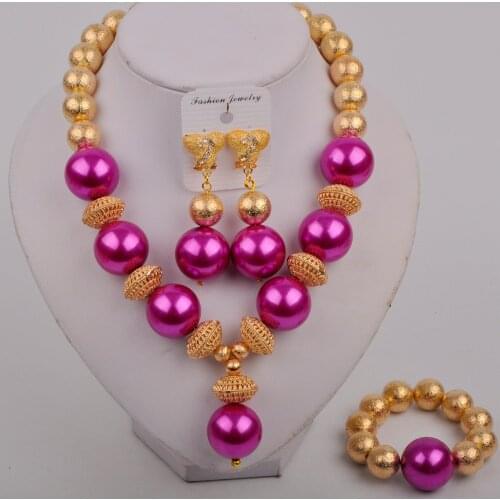 Fuchsia Pink African Jewelry Sets Dubai Gold Color Nigerian Jewelry Sets Wholesale Bridal Bead Wedding Jewelry Set Women Costume