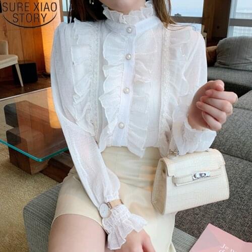 Korean Chic Chiffon Shirt Sweet Women Blouse Lace Shirt Apricot Ruffle Tops Stand Collar Clothes Puff Sleeve Shirts Blusas 13433