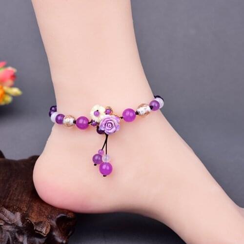 Summer Refreshing Purple Crystal Beads Adjustable Size Anklets Smooth Comfortable Golden Sand Coloured Glaze Jewelry On Foot
