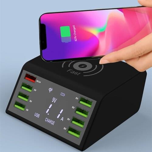 QC3.0 Fast Charger Station with 10W Wireless Charger 8Ports USB 60W Power Adaptor for Phone Tablet Smart Devices Charger Station