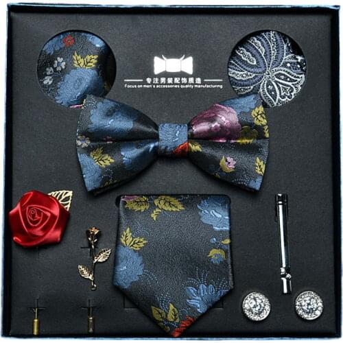 Business gift mens necktie set cufflink bow tie clip handkerchief dress party casual gift father plot tie 8 piece suit