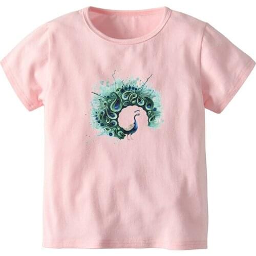 Big kids short-sleeved t-shirt 2020 summer new cotton short-sleeved girls pink peacock top T-shirt summer