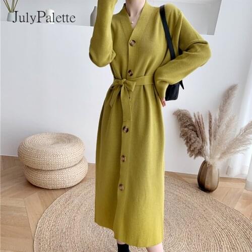 JulyPalette Autumn Winter Sweater Dress Women Casual Single-breasted Full Sleeve Knitted Dress with Belt Chic Ladies Long Dress