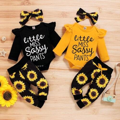 Newborn Infant Baby Girls Clothes Ruffles Letter Romper Bodysuit+Sunflower Print Pants+Headband Outfits 3 6 12 18 Months