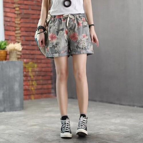 Summer Fashion Denim Shorts Women Print Casual Vintage Elastic High Waist Drawstring Female Loose Distressed Jeans Plus Size