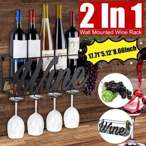 New2 IN 1 Wall Mounted Wine Rack Home Bar Decor Wine Glass Hanging Holder Goblet Stemware Storage Organizer Rack With Cork Tray