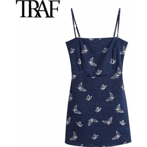 TRAF Women Chic Fashion Butterfly Print Mini Dress Vintage Backless Zipper Thin Straps Female Dresses Mujer