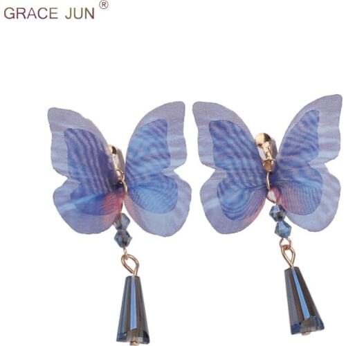 2018 New Fashion Crystal Cloth Double Butterfly Shape Clip on Earrings No Pierced for Women Party Prom Elegant Jewelry Good Gift