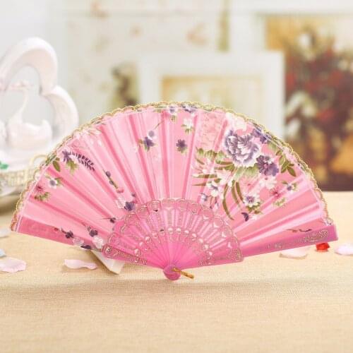 Folding Fans Flowers Silk Chinese Style Dance Wedding Hand Fan Dance Wedding Party Lace Silk Folding Hand Held Flower Fan Decor