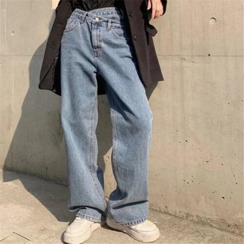 TVVOVVVIN Womens Cross Irregular Loose Jeans fashion washed High Waist Loose Straight Denim Trousers ZG8P