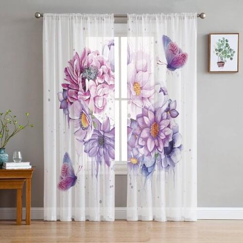 Watercolor Purple Flower Butterfly Tulle Sheer Window Curtains for Living Room Kitchen Children Bedroom Voile Hanging Curtain