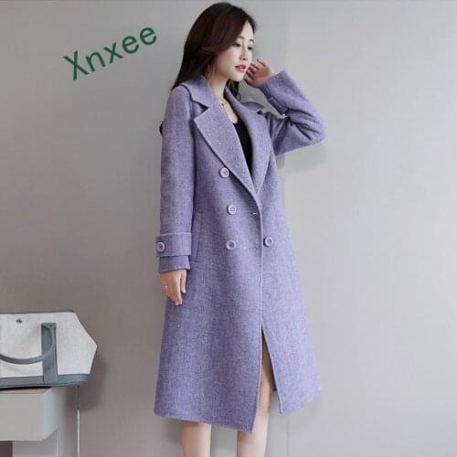 Xnxee Office Lady Solid Women Long Winter Wool Blend Coat Wide-waisted Wool Coat and Jacket Turn-down Collar Outerwear