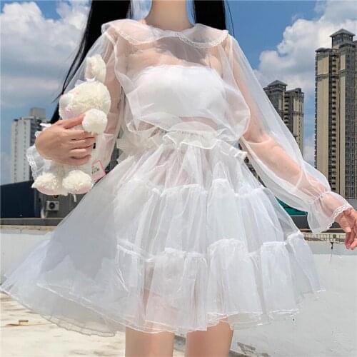 Women Bottom Shirt Perspective Lantern Long Sleeve Crop Tops See Through Lolita Inside Shirt Japanese Soft Girl Sweet BlackWhite