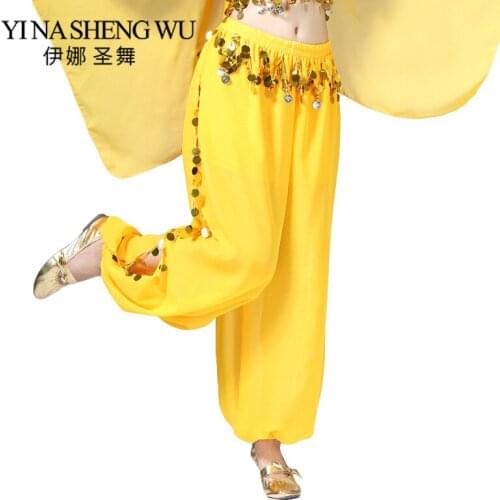 New Ladies Belly Dance Harem Long Pants Indian Dance Trousers Bollywood Hanging Coin Sequins Lantern Pants Chiffon Elastic Waist
