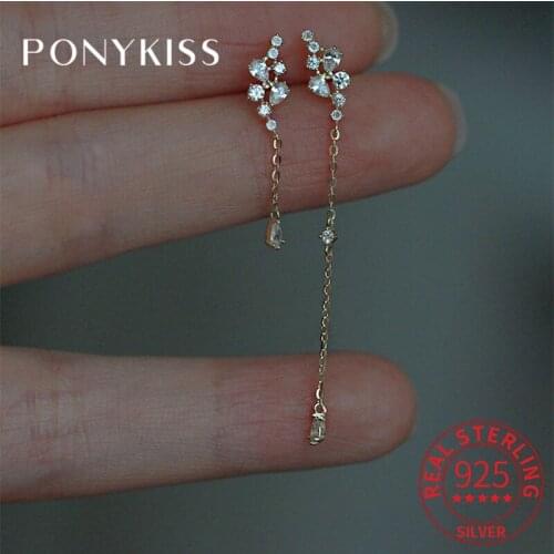 PONYKISS Trendy 925 Sterling Silver Asymmetrical Water Drop Tassel Zircon 14K Gold Stud Earrings For Women Cute Drop Shipping
