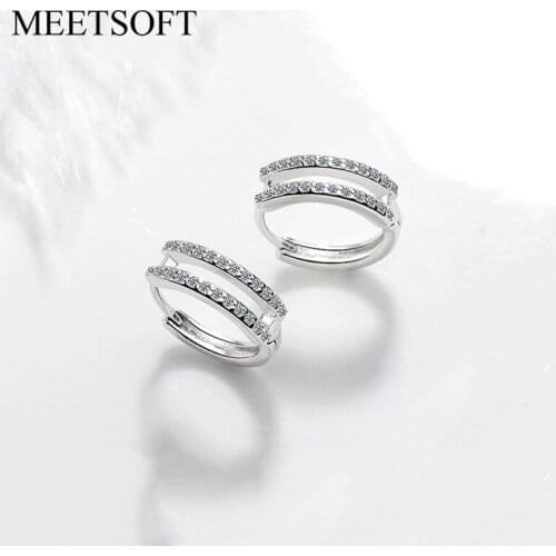 MEETSOFT 925 Sterling Silver Prevent Allergy Hoop Earrings for Women Trendy Small Crystal Round Jewelry Gift