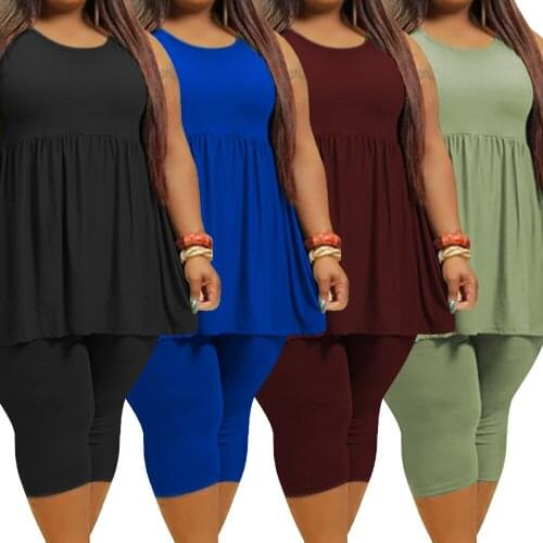 Fashionable Plus Size Two Piece Womens Clothing Sexy Round Neck Sleeveless Personality Draped Summer Solid Color Casual Suit