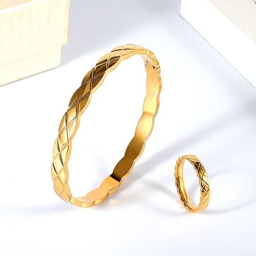 Classic Brand Cross Line Bangle And Ring For Women Stainless Steel Rhombus Bangle Ring Love Vintage Jewelry Set Bijoux Femme