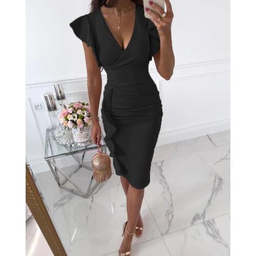 Women Dress Plain V-Neck Ruffle Hem Ruched Butterfly Sleeve Robe Summer Dress 2021 Prom Outfits