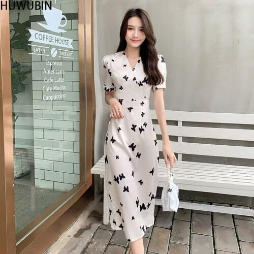 2021 New Summer High Waist Short Sleeve Retro Elegant Gentle Temperament Butterfly Sexy V-neck Foam Sleeve Split Dress