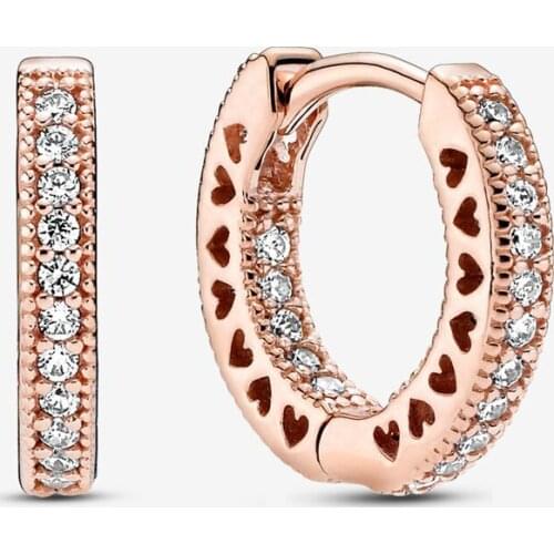 2021 Free Shipping Authentic 925 Sterling Silver Rose Pave Heart Hoop Earrings For Women DIY Jewelry S925 Cubic Zirconia Earring
